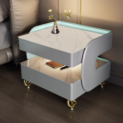 Contemporary Scandinavian Sintered Stone Glass Metal Wood Square Nightstand 2-Tier For Bedroom