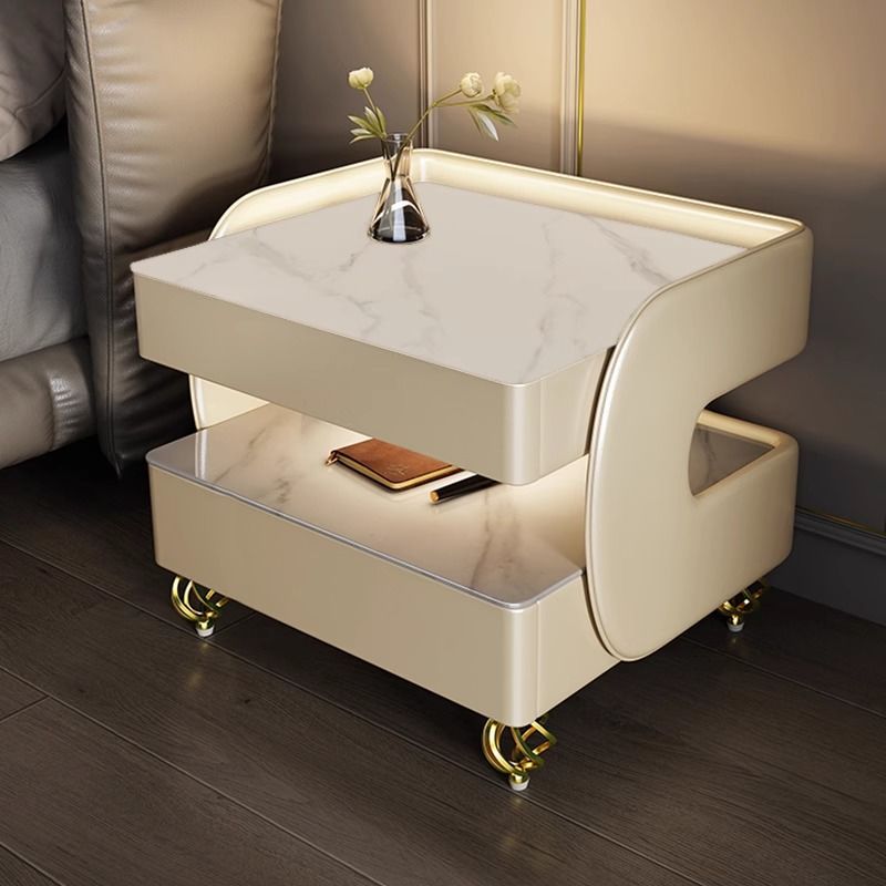 Contemporary Scandinavian Sintered Stone Glass Metal Wood Square Nightstand 2-Tier For Bedroom