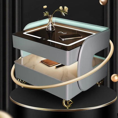 Contemporary Scandinavian Sintered Stone Glass Metal Wood Square Nightstand 2-Tier For Bedroom