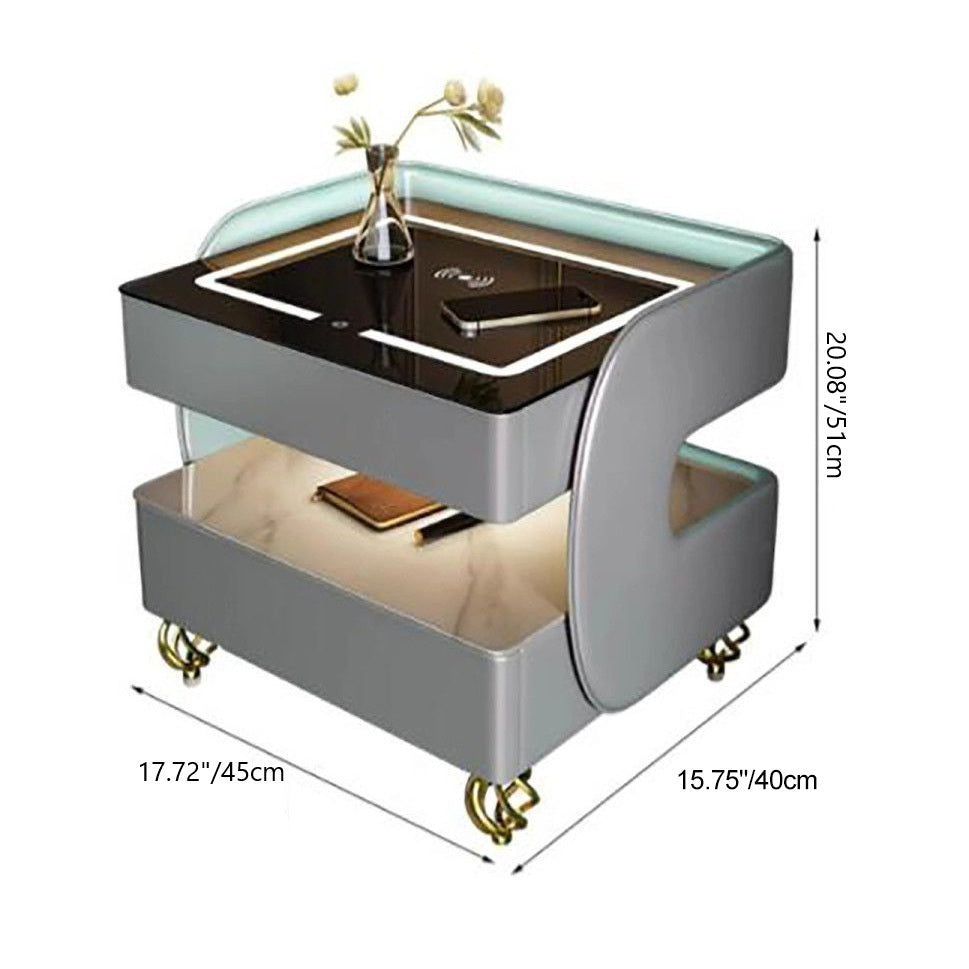 Contemporary Scandinavian Sintered Stone Glass Metal Wood Square Nightstand 2-Tier For Bedroom