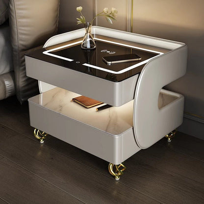 Contemporary Scandinavian Sintered Stone Glass Metal Wood Square Nightstand 2-Tier For Bedroom