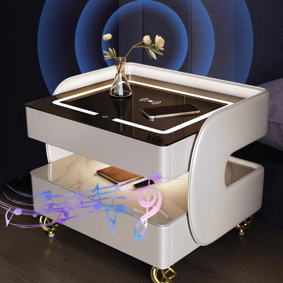 Contemporary Scandinavian Sintered Stone Glass Metal Wood Square Nightstand 2-Tier For Bedroom