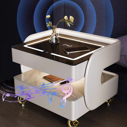 Contemporary Scandinavian Sintered Stone Glass Metal Wood Square Nightstand 2-Tier For Bedroom