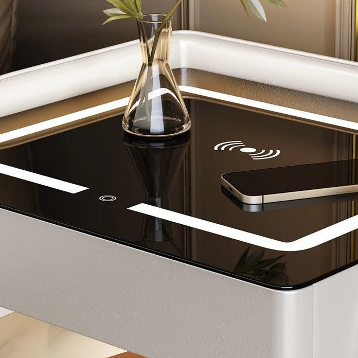 Contemporary Scandinavian Sintered Stone Glass Metal Wood Square Nightstand 2-Tier For Bedroom