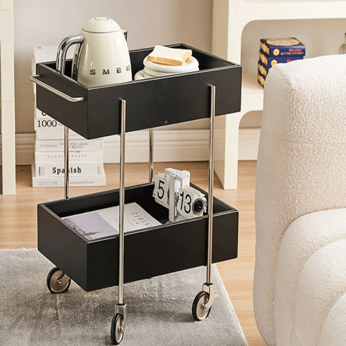 Traditional Chinese Solid Wood Metal Rectangular Movable End Table 2-Tier For Bedroom & Living Room