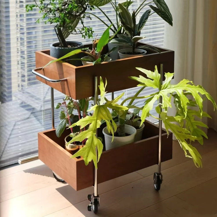 Traditional Chinese Solid Wood Metal Rectangular Movable End Table 2-Tier For Bedroom & Living Room