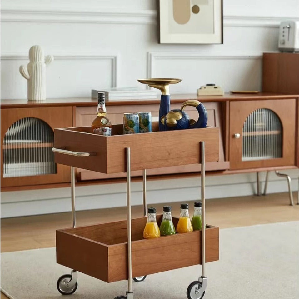 Traditional Chinese Solid Wood Metal Rectangular Movable End Table 2-Tier For Bedroom & Living Room