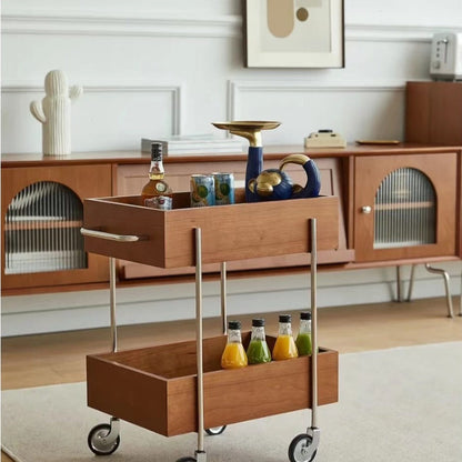 Traditional Chinese Solid Wood Metal Rectangular Movable End Table 2-Tier For Bedroom & Living Room