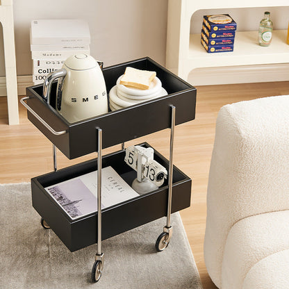 Traditional Chinese Solid Wood Metal Rectangular Movable End Table 2-Tier For Bedroom & Living Room