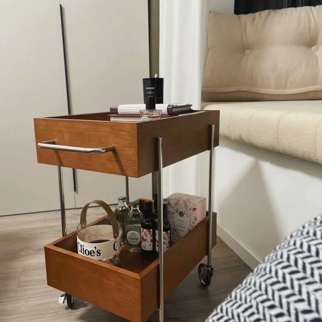 Traditional Chinese Solid Wood Metal Rectangular Movable End Table 2-Tier For Bedroom & Living Room