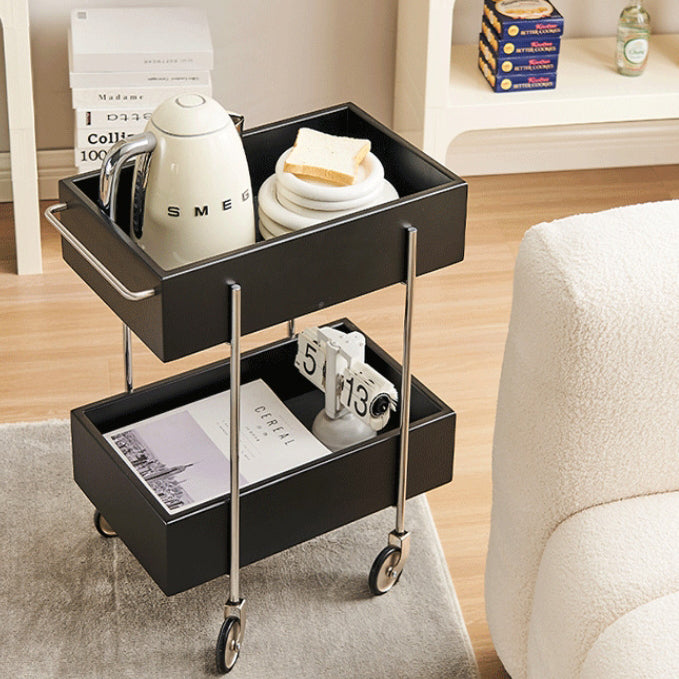 Traditional Chinese Solid Wood Metal Rectangular Movable End Table 2-Tier For Bedroom & Living Room