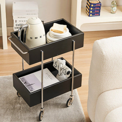Traditional Chinese Solid Wood Metal Rectangular Movable End Table 2-Tier For Bedroom & Living Room