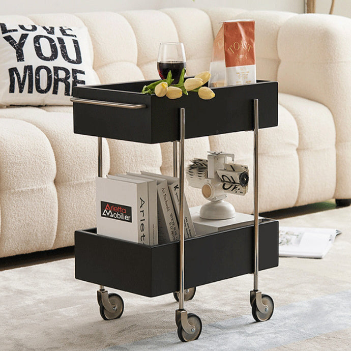 Traditional Chinese Solid Wood Metal Rectangular Movable End Table 2-Tier For Bedroom & Living Room