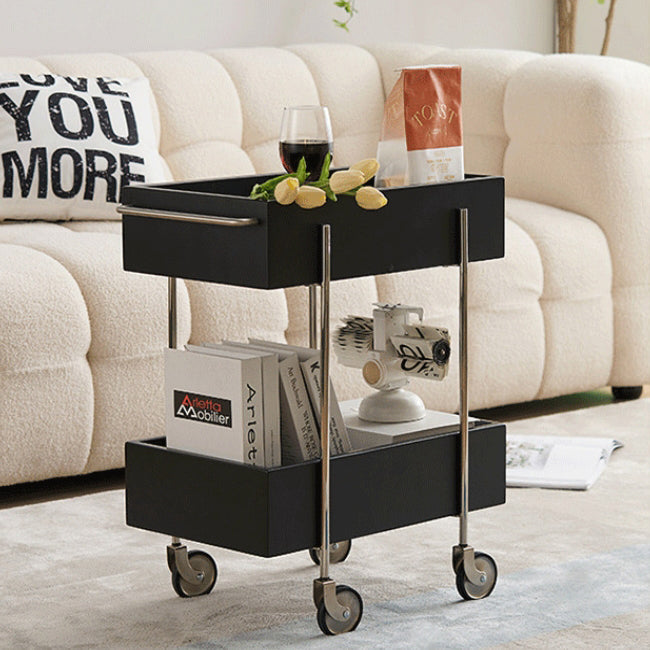 Traditional Chinese Solid Wood Metal Rectangular Movable End Table 2-Tier For Bedroom & Living Room