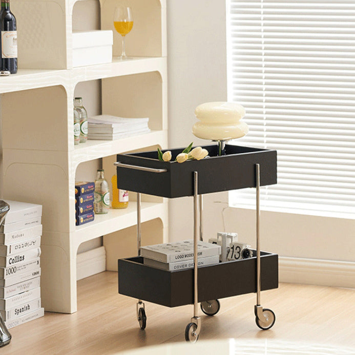 Traditional Chinese Solid Wood Metal Rectangular Movable End Table 2-Tier For Bedroom & Living Room