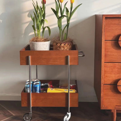 Traditional Chinese Solid Wood Metal Rectangular Movable End Table 2-Tier For Bedroom & Living Room