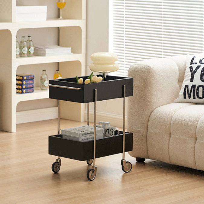 Traditional Chinese Solid Wood Metal Rectangular Movable End Table 2-Tier For Bedroom & Living Room