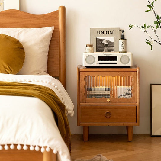 Modern Minimalist Cherry Wood Wave Square Nightstand With 2 Drawers For Bedroom