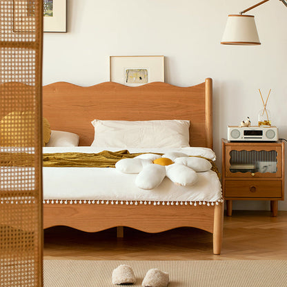 Modern Minimalist Cherry Wood Wave Square Nightstand With 2 Drawers For Bedroom