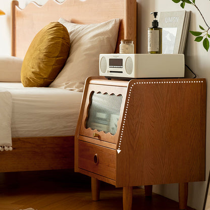 Modern Minimalist Cherry Wood Wave Square Nightstand With 2 Drawers For Bedroom