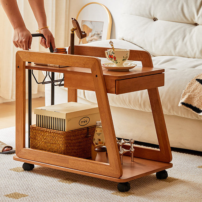 Contemporary Scandinavian Solid Wood Iron Trapezoid Movable End Table 2-Tier For Living Room & Dining Room