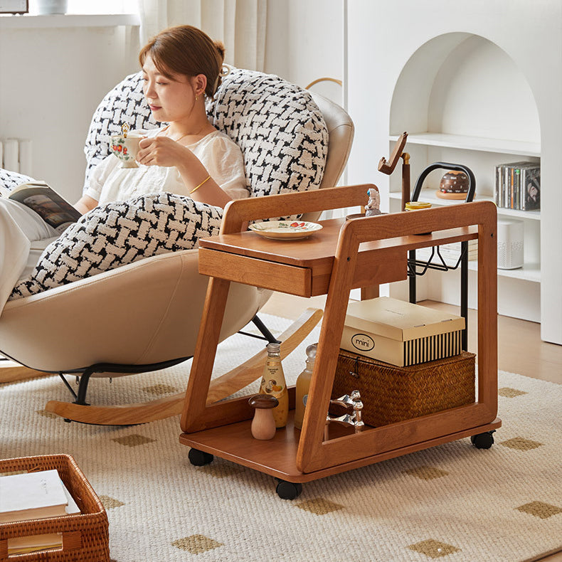 Contemporary Scandinavian Solid Wood Iron Trapezoid Movable End Table 2-Tier For Living Room & Dining Room