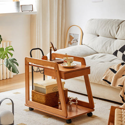 Contemporary Scandinavian Solid Wood Iron Trapezoid Movable End Table 2-Tier For Living Room & Dining Room