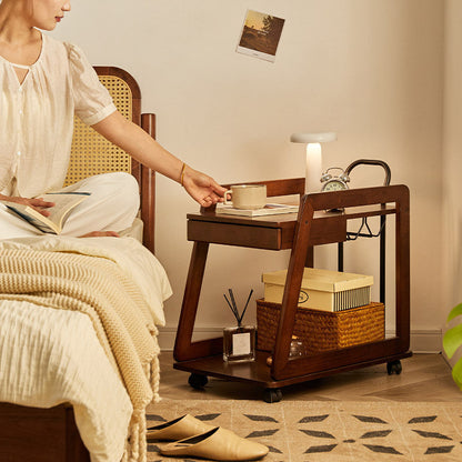 Contemporary Scandinavian Solid Wood Iron Trapezoid Movable End Table 2-Tier For Living Room & Dining Room