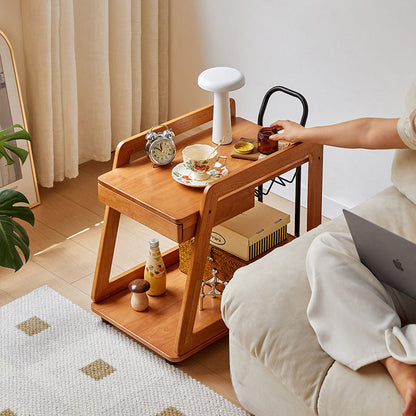 Contemporary Scandinavian Solid Wood Iron Trapezoid Movable End Table 2-Tier For Living Room & Dining Room