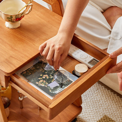Contemporary Scandinavian Solid Wood Iron Trapezoid Movable End Table 2-Tier For Living Room & Dining Room