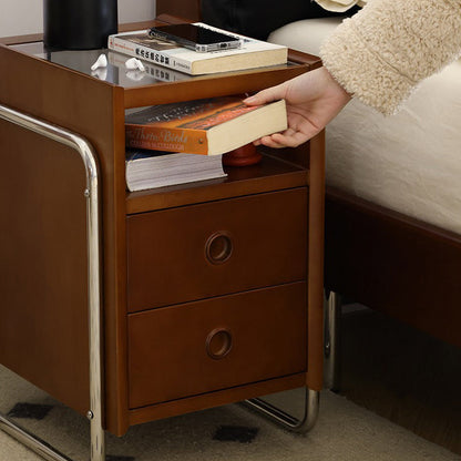 Traditional Chinese Wood Glass Metal Rounded Rectangular Nightstand 2-Drawer For Bedroom