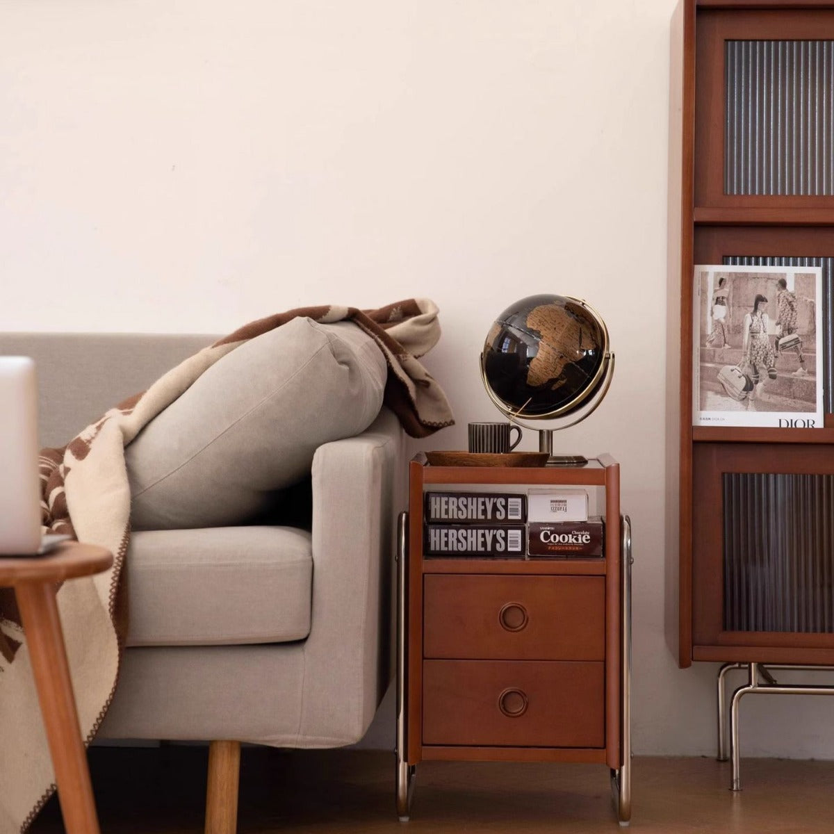 Traditional Chinese Wood Glass Metal Rounded Rectangular Nightstand 2-Drawer For Bedroom