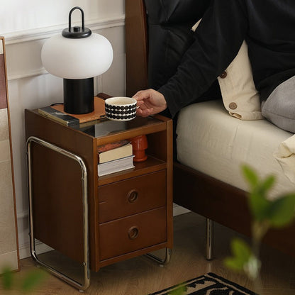 Traditional Chinese Wood Glass Metal Rounded Rectangular Nightstand 2-Drawer For Bedroom