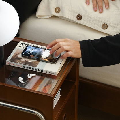 Traditional Chinese Wood Glass Metal Rounded Rectangular Nightstand 2-Drawer For Bedroom