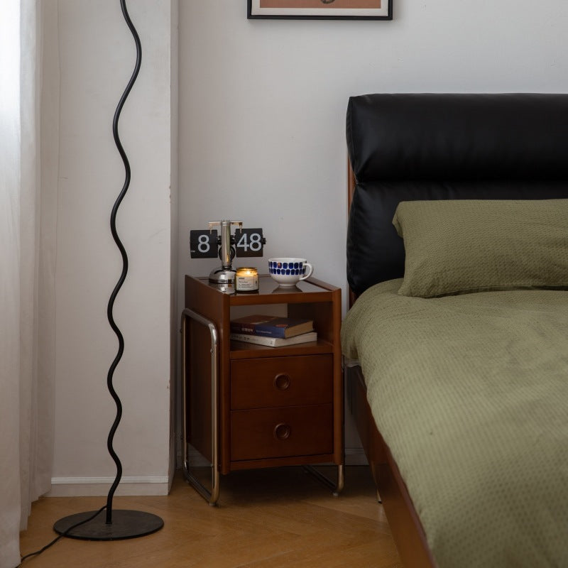 Traditional Chinese Wood Glass Metal Rounded Rectangular Nightstand 2-Drawer For Bedroom