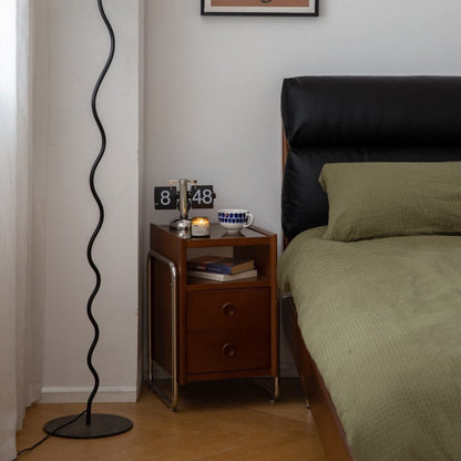 Traditional Chinese Wood Glass Metal Rounded Rectangular Nightstand 2-Drawer For Bedroom