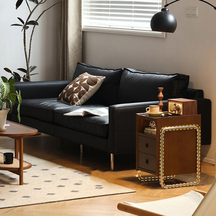 Traditional Chinese Wood Glass Metal Rounded Rectangular Nightstand 2-Drawer For Bedroom