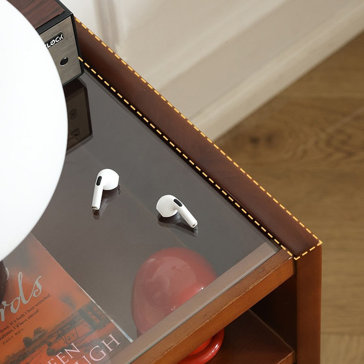 Traditional Chinese Wood Glass Metal Rounded Rectangular Nightstand 2-Drawer For Bedroom