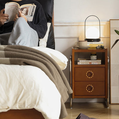 Traditional Chinese Wood Glass Metal Rounded Rectangular Nightstand 2-Drawer For Bedroom