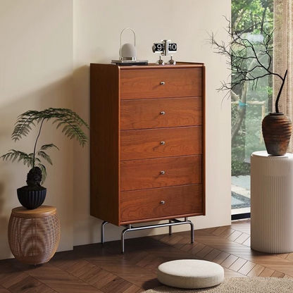 Contemporary Scandinavian Wood Metal Curved Rectangular Side Table 5-Drawers For Bedroom & Living Room