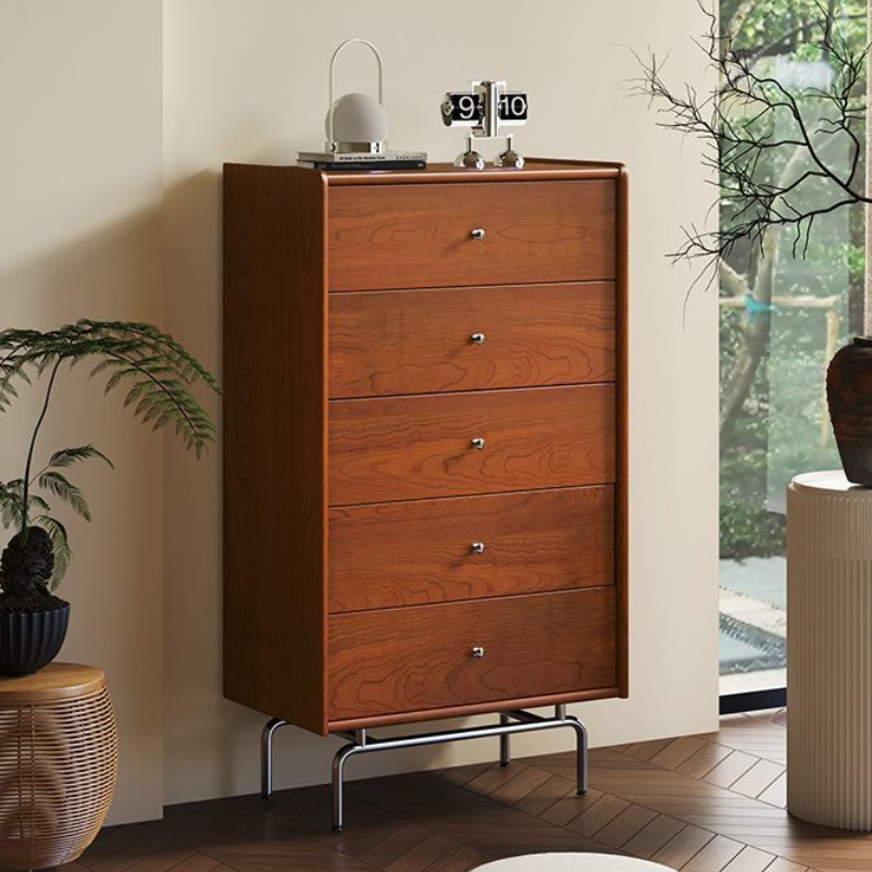 Contemporary Scandinavian Wood Metal Curved Rectangular Side Table 5-Drawers For Bedroom & Living Room