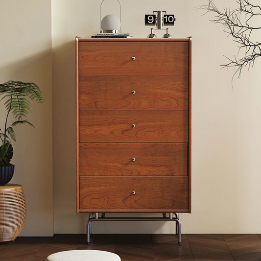 Contemporary Scandinavian Wood Metal Curved Rectangular Side Table 5-Drawers For Bedroom & Living Room