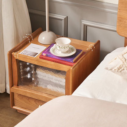 Contemporary Scandinavian Solid Wood Glass Rounded Square Nightstand 2-Drawer For Bedroom