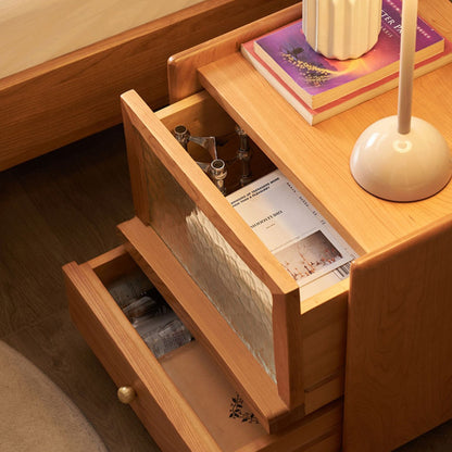 Contemporary Scandinavian Solid Wood Glass Rounded Square Nightstand 2-Drawer For Bedroom