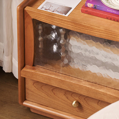 Contemporary Scandinavian Solid Wood Glass Rounded Square Nightstand 2-Drawer For Bedroom