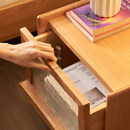 Contemporary Scandinavian Solid Wood Glass Rounded Square Nightstand 2-Drawer For Bedroom