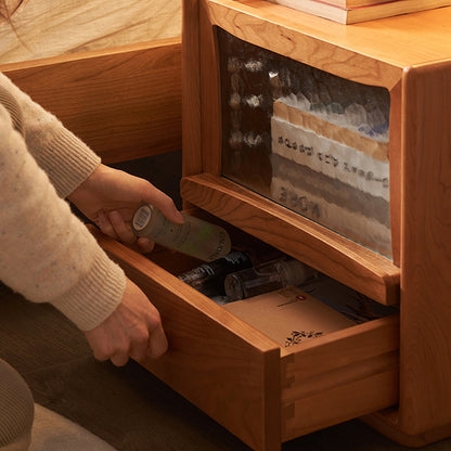 Contemporary Scandinavian Solid Wood Glass Rounded Square Nightstand 2-Drawer For Bedroom