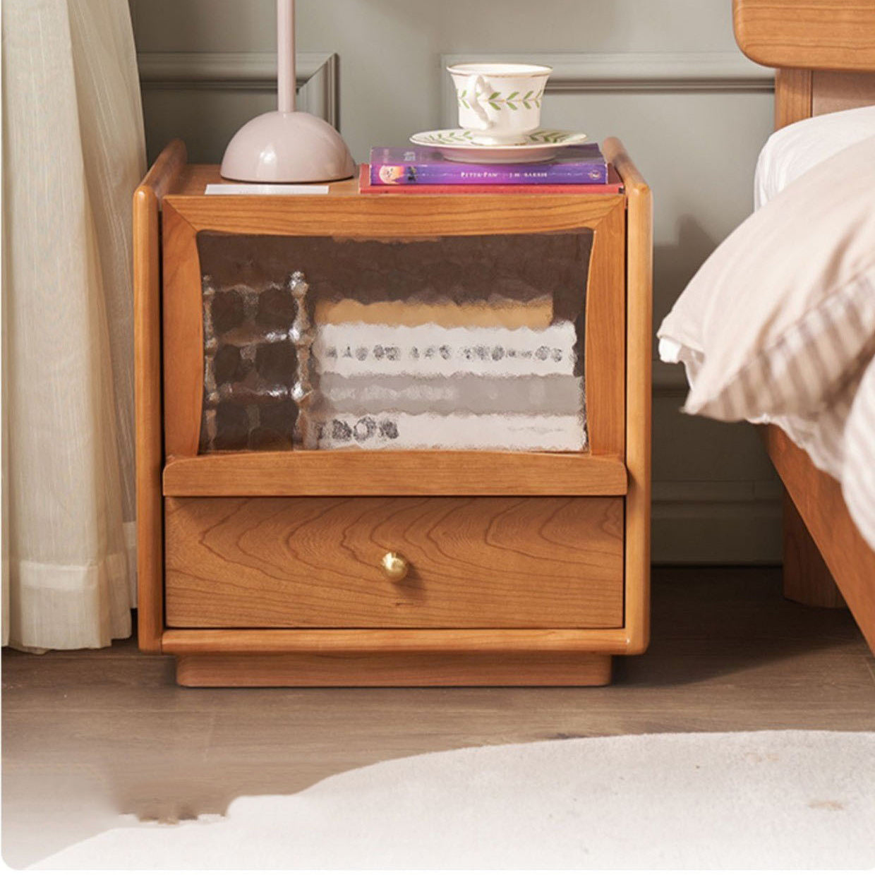Contemporary Scandinavian Solid Wood Glass Rounded Square Nightstand 2-Drawer For Bedroom