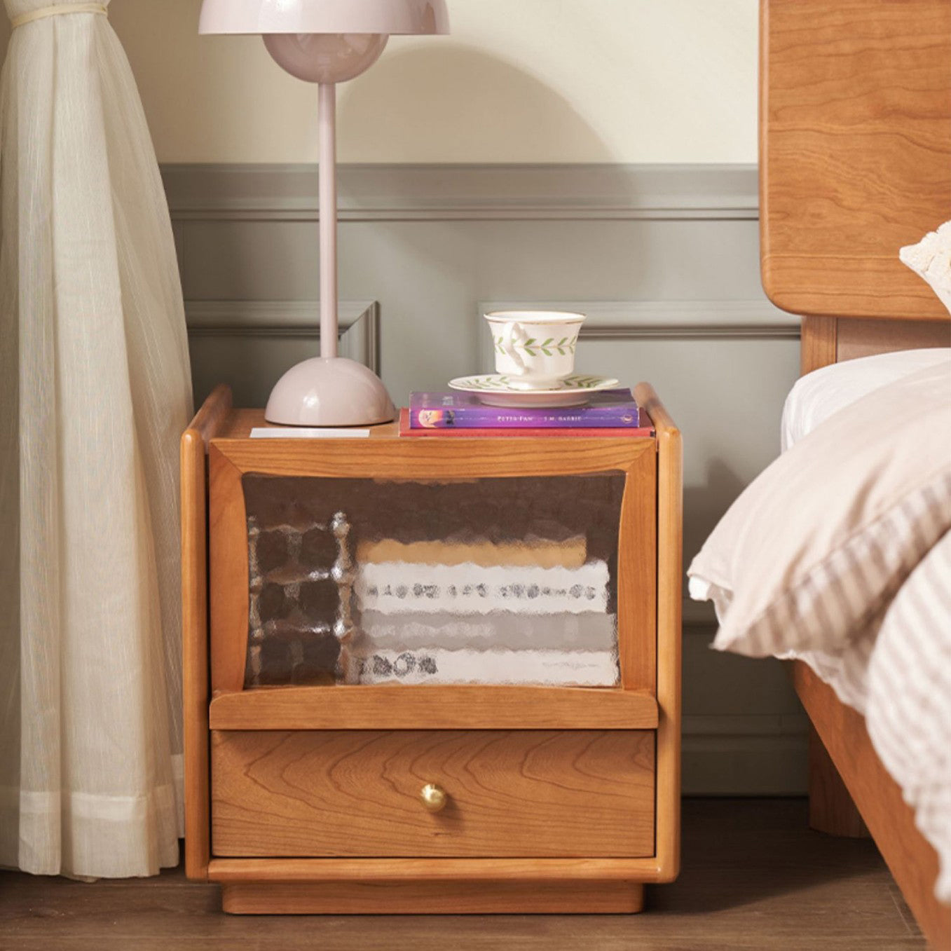Contemporary Scandinavian Solid Wood Glass Rounded Square Nightstand 2-Drawer For Bedroom