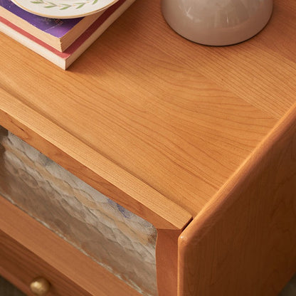 Contemporary Scandinavian Solid Wood Glass Rounded Square Nightstand 2-Drawer For Bedroom